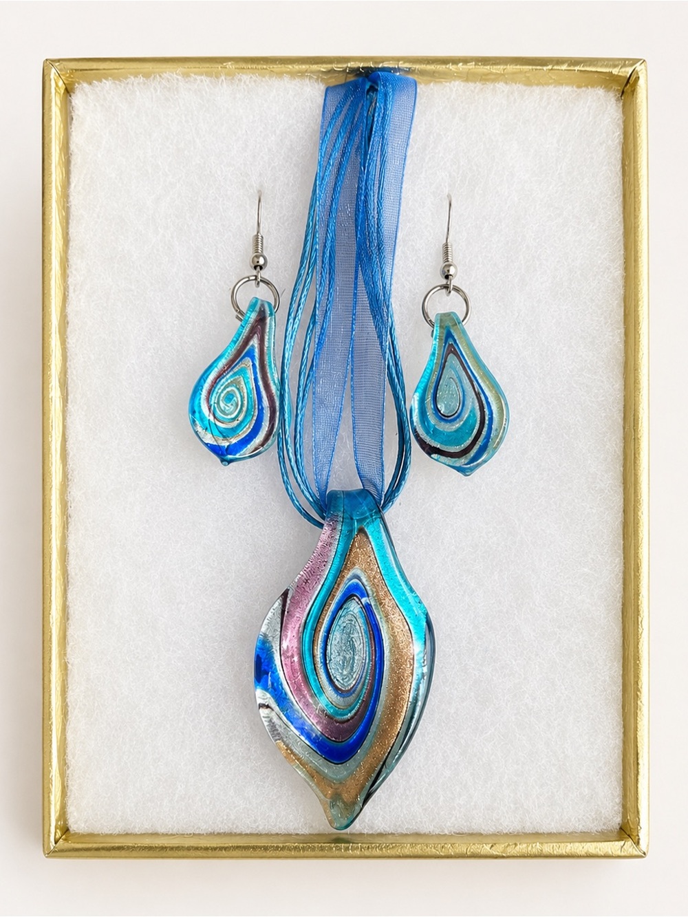 Art Glass Teardrop Pendant Necklace Earrings Set Blue Iridescent Boho Jewelry